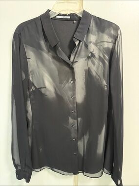 T Tahari Charcoal Black Sheer Long Sleeve Button-Front Blouse Satin Elegant L